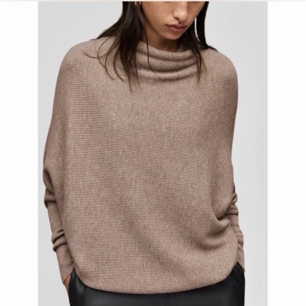 AllSaints Ridley Funnel Neck Wool Cashmere Sweater Toffee Brown Women M Minimal